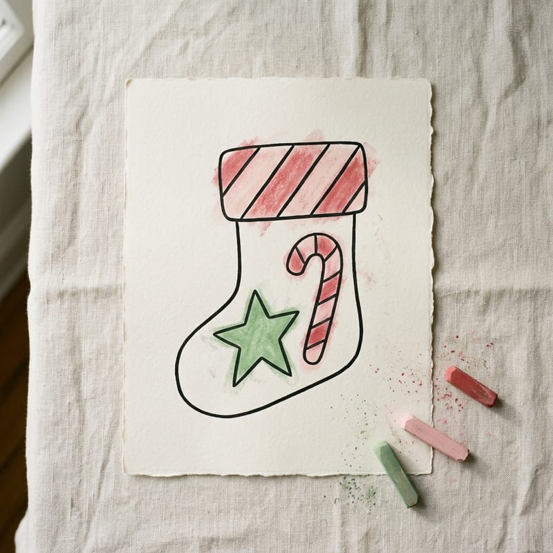 Sample sheet: a stocking with a candy cane and a star, colored with pastels