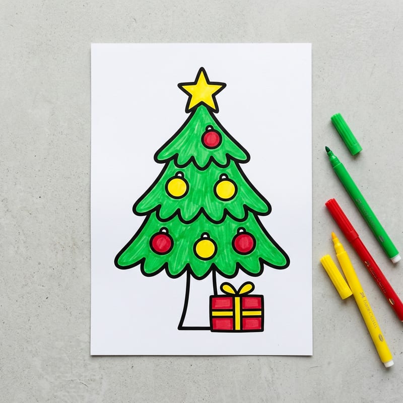 Sample sheet: a Christmas tree with ornaments and a gift, colored with markers