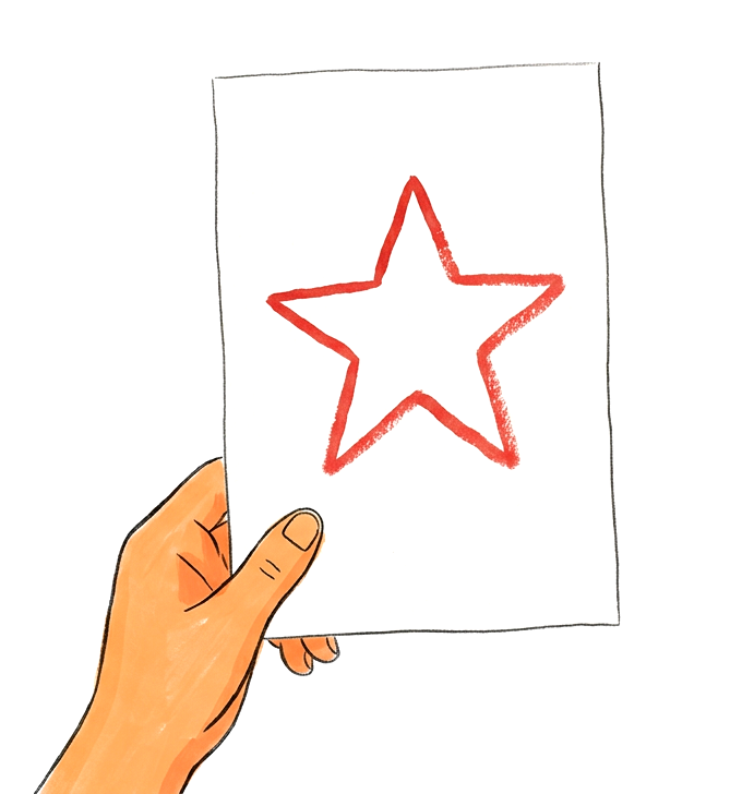 An illustrated hand holding up a sheet with a red star outline