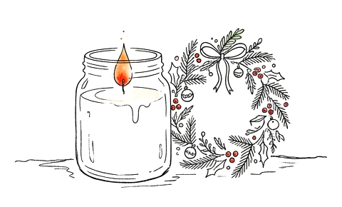 An ink drawing of a lit candle beside a small Christmas wreath