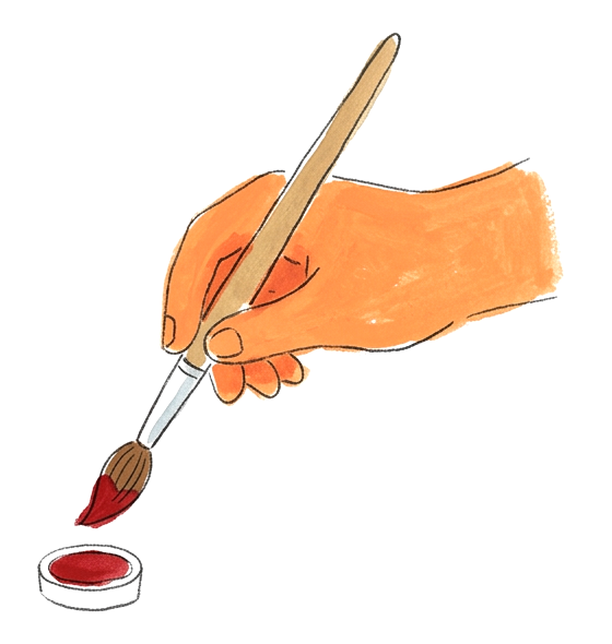 An illustrated hand dipping a brush into red paint